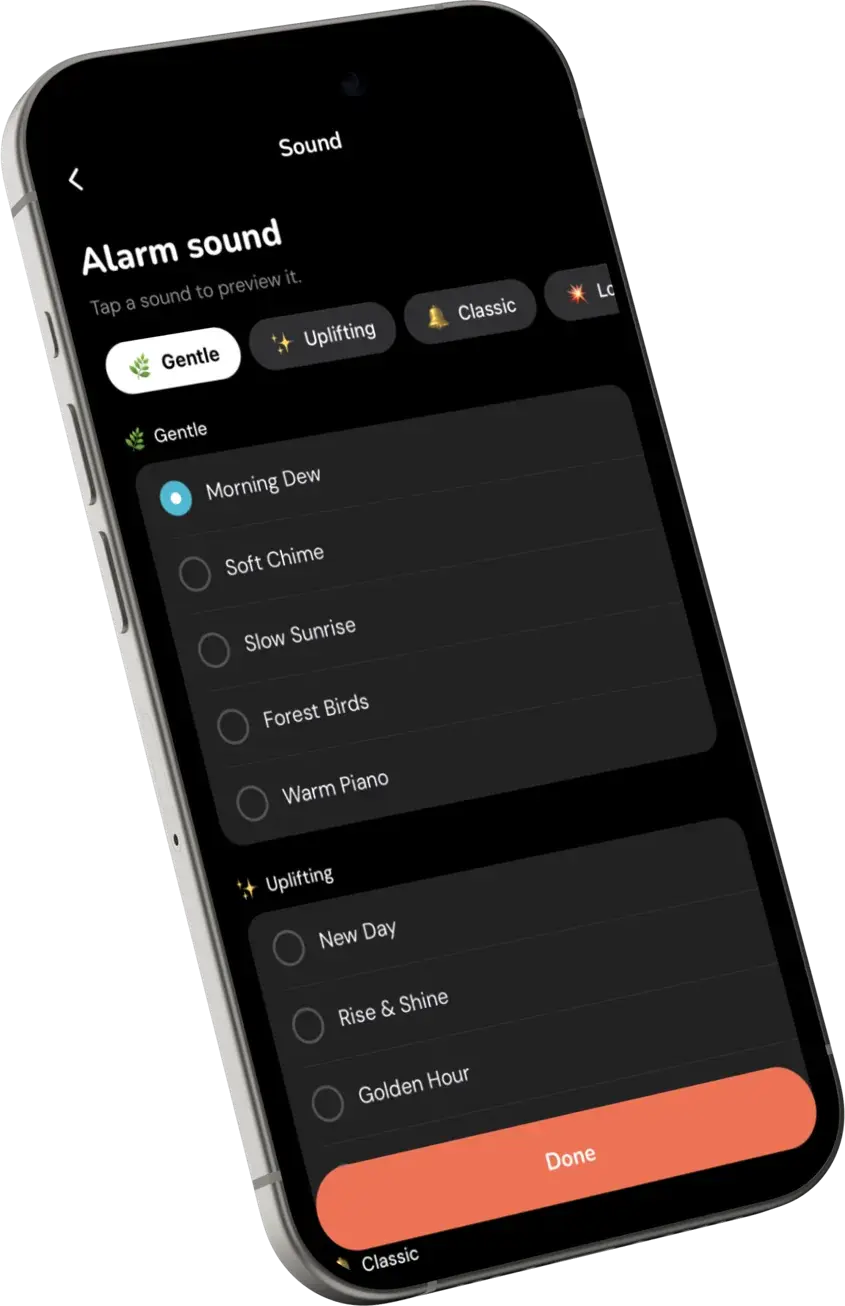Dew alarm dismiss screen in an iPhone frame